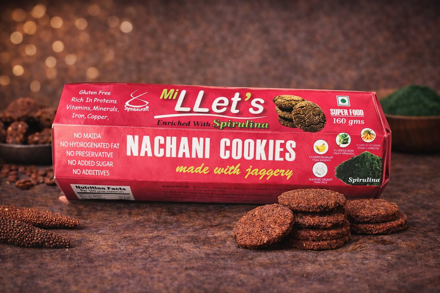 Symbicroft MiLLet's Nachani Cookies pack enriched with Spirulina, with ragi cookies beside it