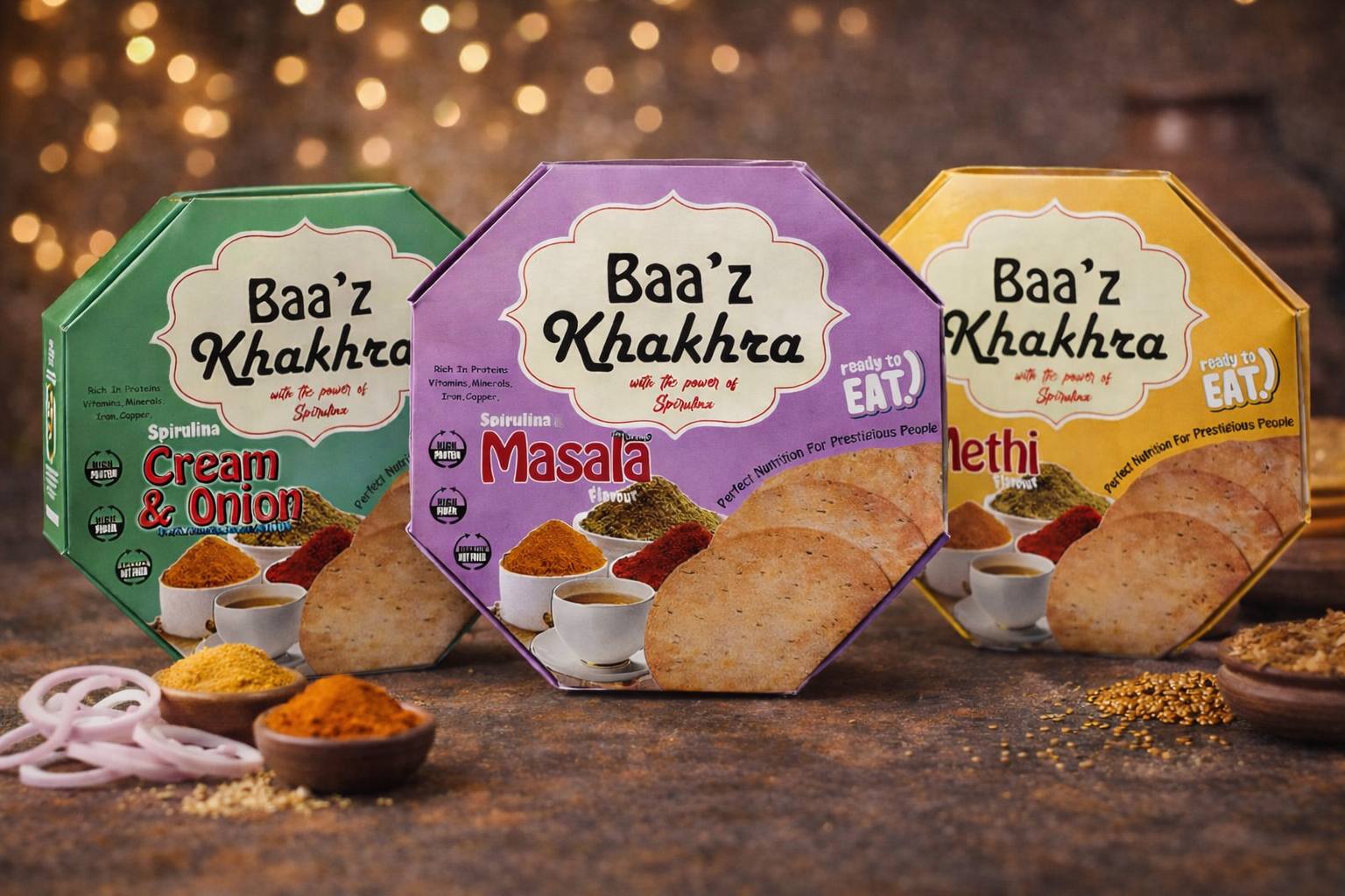 Baa'z Khakhra packs in Cream & Onion, Masala and Methi flavours