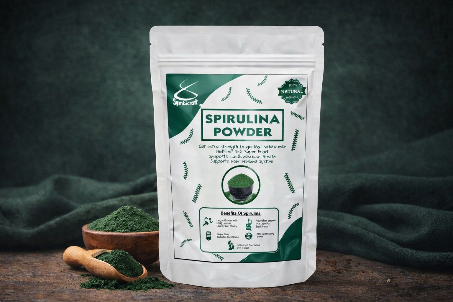 Pack of Symbicroft Spirulina Powder beside a bowl of green Spirulina powder